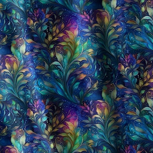May include: A fabric pattern featuring a dense, repeating design of swirling, elongated leaves in shades of deep blue, teal, vibrant green, and hints of magenta and gold, set against a dark, starry, midnight blue background.