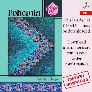 May include: A digital download pattern for a quilt called "Bohemia". The quilt features a blue and green background with a diagonal pattern of colourful floral fabric strips. The pattern is available for instant download.