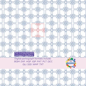 May include: A digital quilting pattern design featuring a repeating geometric pattern in blue on a white background. The design includes squares, diamonds, and scroll-like elements. The image also includes text: "For Computerized Longarm Quilters" and a list of digital formats.