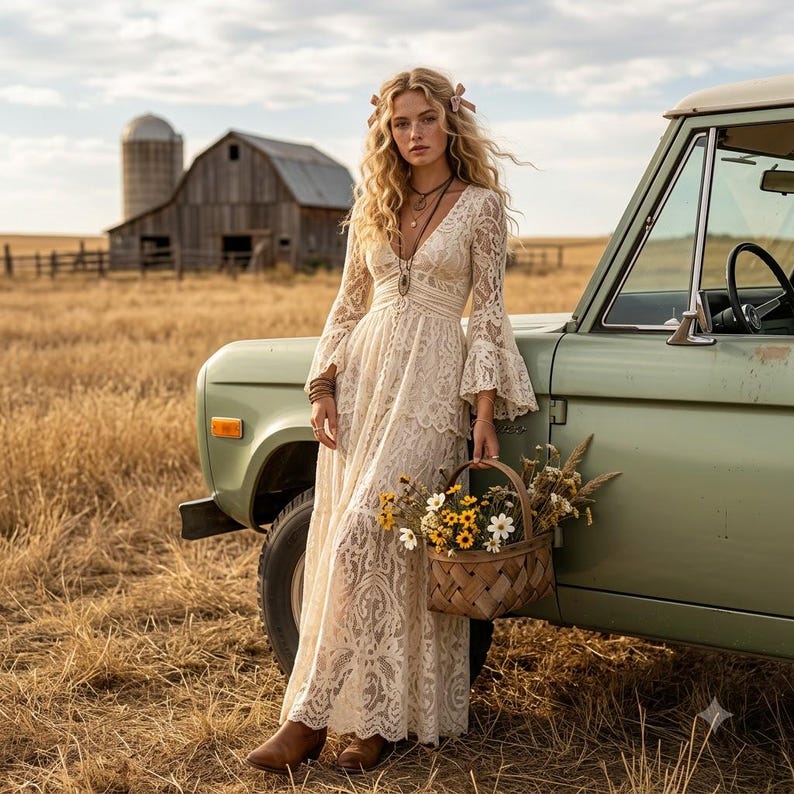 Cream Lace Boho Maxi Dress, Vintage Bell Sleeve Gown, Rustic