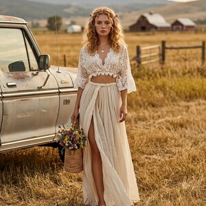 Boho Two Piece Set, Lace Crop Top and Maxi Skirt, Rustic Festival Outfit, Bohemian Resort Wear for Women