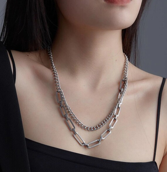 Hip-Hop Geometric Iron Pearl Chain Layered Necklaces