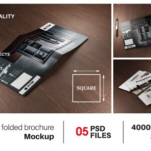 May include: Mockup of a square folded brochure with a black and white design. The brochure is on a wooden surface. The text on the brochure reads "ATM". The image is 4000 pixels by 2500 pixels and 300 DPI. It is a PSD file.
