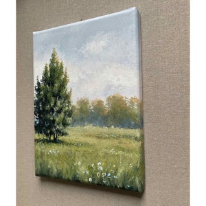 Neutral green Landscape Meadow Flower field Landscape original acrylic painting Neutral green minimalist painting image 4