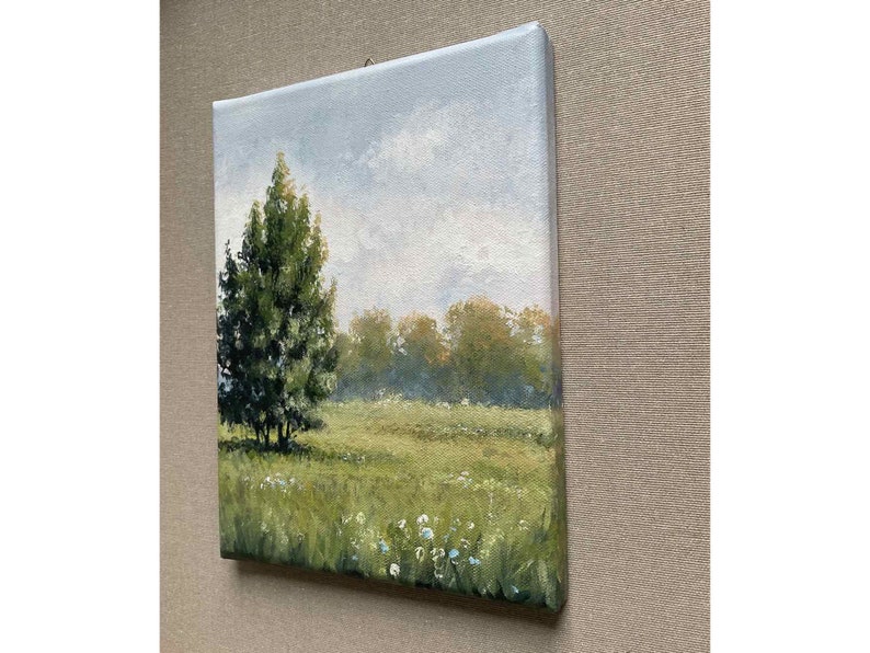 Neutral green Landscape Meadow Flower field Landscape original acrylic painting Neutral green minimalist painting image 4