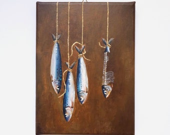 Pittura di sardine Pittura alimentare Pittura di cucina Arte olio di campagna Pittura minimalista Pittura originale