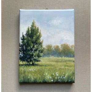 Neutral green Landscape Meadow Flower field Landscape original acrylic painting Neutral green minimalist painting image 1