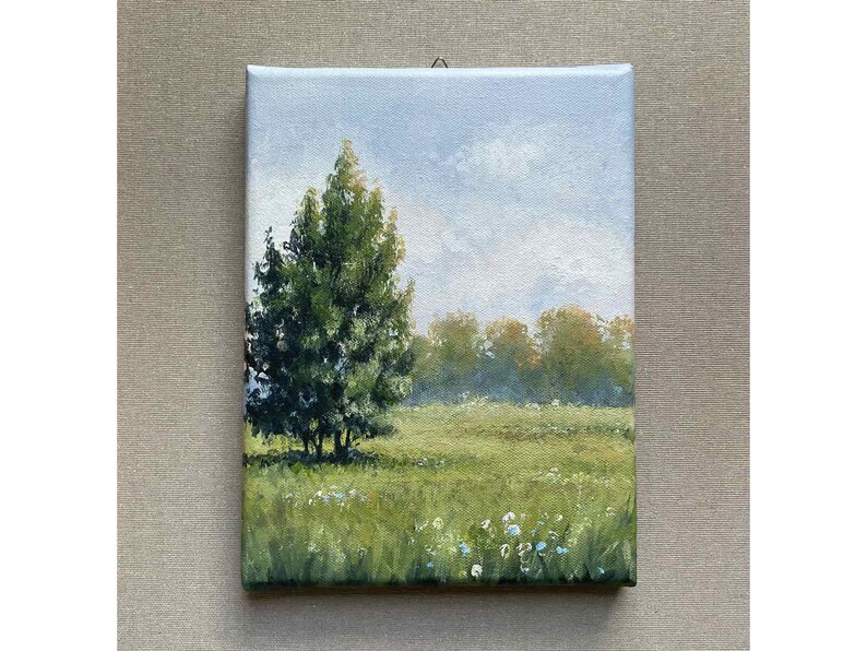 Neutral green Landscape Meadow Flower field Landscape original acrylic painting Neutral green minimalist painting image 1