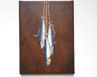 Fish painting Sardines painting Still life painting for Kitchen & dining Country oil painting Minimalist painting Original painting