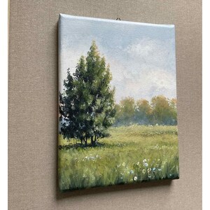 Neutral green Landscape Meadow Flower field Landscape original acrylic painting Neutral green minimalist painting image 2