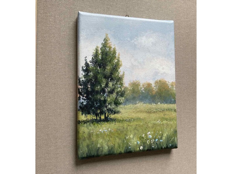 Neutral green Landscape Meadow Flower field Landscape original acrylic painting Neutral green minimalist painting image 2