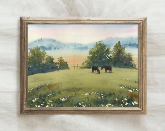 Horses grazing art Ranch painting Country painting Field Painting Original watercolor painting