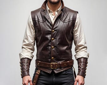 May include: A brown leather vest with gold buttons, a matching belt, and wrist cuffs. The vest is worn over a cream-coloured button-down shirt and black trousers. The vest has a classic, tailored design.