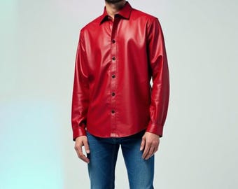 Camicia da uomo in vera pelle rossa / Camicia in pelle di pecora fatta a mano / Abito da festa su misura / Top alla moda streetwear