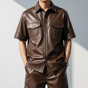 Men’s Brown Lambskin Leather Shirt | Handmade Short Sleeve Button-Up | Genuine Leather Top | Gift For Him