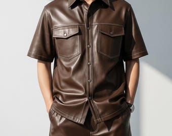 Men’s Brown Lambskin Leather Shirt | Handmade Short Sleeve Button-Up | Genuine Leather Top | Gift For Him