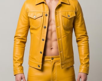 Men’s Yellow Leather Jacket | Slim Fit Genuine Leather Coat | Button Closure Fashion Jacket | Gift For Him