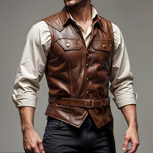 Handmade Brown Leather Gothic Vest for Men – Vintage Steampunk Biker Festival Waistcoat