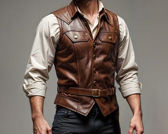 Handmade Brown Leather Gothic Vest for Men – Vintage Steampunk Biker Festival Waistcoat