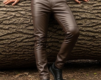 Pantalones de cuero marrón para hombre / Piel de vaca auténtica / Pantalones de motociclista hechos a mano / Pantalones de motociclista de ajuste personalizado