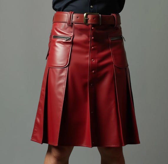 Men’s Red Sheep Leather Kilt | Handmade Scottish Utility Kilt | Classic Button Closure | Premium Soft Leather Skirt for Men