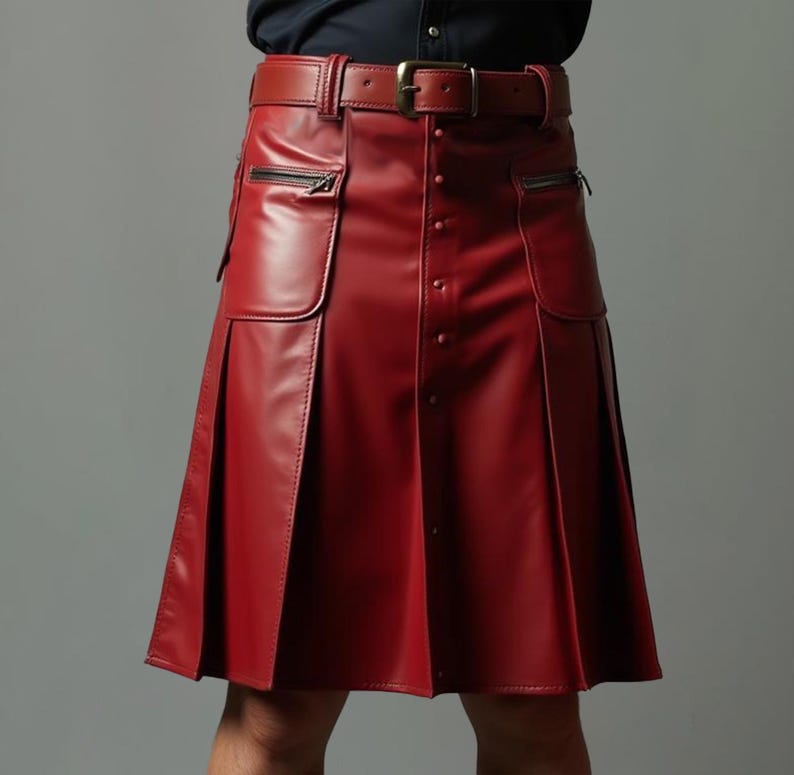 Op de afbeelding: Een rode leren kilt met bijpassende riem en gesp. De kilt heeft twee zakken met ritssluiting en decoratieve knopen aan de voorkant. Het geplooide ontwerp voegt structuur toe aan het kledingstuk.