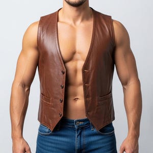 Men’s Brown Leather Vest | Genuine Cow Leather Biker Vest | Vintage Sleeveless Waistcoat for Men