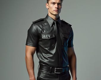 Op de afbeelding: Zwart leren shirt met korte mouwen, kraag, twee borstzakken en een bijpassende stropdas. Het shirt heeft epauletten en wordt gedragen met een zwarte leren riem en broek. De outfit is strak en stijlvol.
