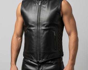 Svart bikerväst i koläder för män | Ärmlös motocrossjacka | Streetwear i äkta läder | Snygg present till honom