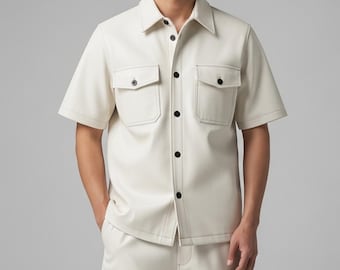 Men’s White Genuine Cowhide Leather Shirt | Handmade Short Sleeve Button-Up | Genuine Leather Top | Gift For Him