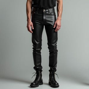 Men’s Black Cowhide Leather Pants | Handmade Slim Fit Biker Trousers | Streetwear Rock Style Bottoms | Fall Winter Fashion