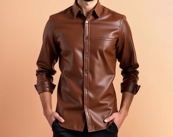 Men's Genuine Leather Shirt - Brown Button Up Long Sleeve Casual Shirt - Handmade Leather Top for Streetwear & Party Outfits