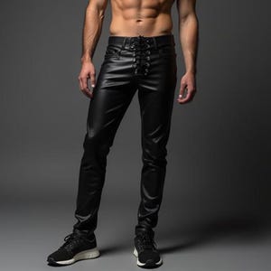Men’s Genuine Leather Lace Up Pant | Black Slim Fit Leather Pant | Handmade Festival Clubwear | Gift for Him