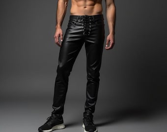 Men’s Genuine Leather Lace Up Pant | Black Slim Fit Leather Pant | Handmade Festival Clubwear | Gift for Him