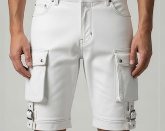 Pantaloncini cargo in pelle bianca da uomo / Stile utility con cinturini con fibbia e tasche / Pantaloncini streetwear da festival / Regalo per lui