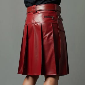 Op de afbeelding: Een rode leren kilt met bijpassende riem. De kilt heeft plooien, een zak met ritssluiting en een getailleerde pasvorm. De riem heeft een gespsluiting. Het kledingstuk is gemaakt van glanzend, glad leer.