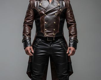 May include: A brown and black leather jacket with a double-breasted design and brass-colored buttons. The jacket has a tailored fit and a long, split tail. The model is wearing black leather pants.