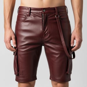 Stylish Men’s Leather Shorts in Maroon | Gothic Festival Outfit | Festive Shorts | Biker Shorts | Gift for Him