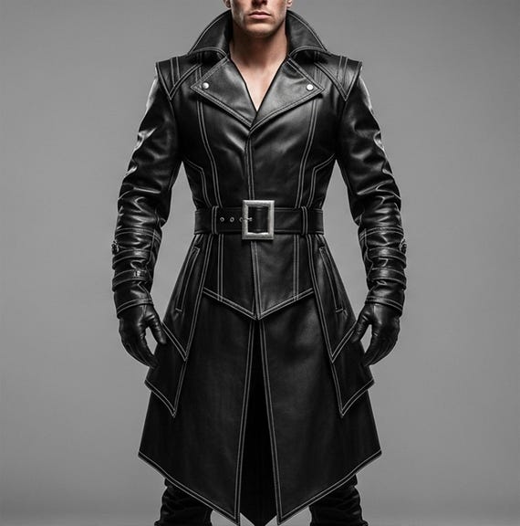 メンズゴシックブラックレザートレンチコート｜スチームパンクロング