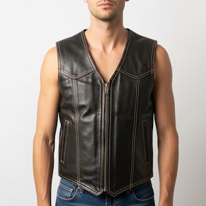 Men&#39;s Black Leather Vest | Cowhide Leather Biker Vest for Men | Sleeveless Motorcycle Riding Vest | Gift For Him