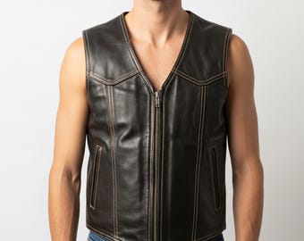 Colete de couro preto masculino | Colete de couro de vaca para motociclistas | Colete de motociclista sem mangas | Presente para ele