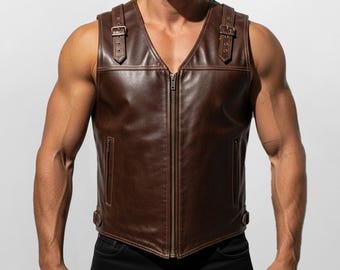 Men’s Genuine Cow Leather Vest | Western Biker Style Waistcoat | Vintage Brown Motorcycle Riding Vest | Handmade Sleeveless Jacket