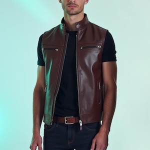 Men’s Brown Cow Leather Biker Vest | Sleeveless Moto Jacket | Real Leather Streetwear | Stylish Gift for Him