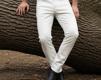Men’s White Leather Pants | Genuine Cowhide | Handmade Biker Trousers | Custom Fit Motorcycle Pant