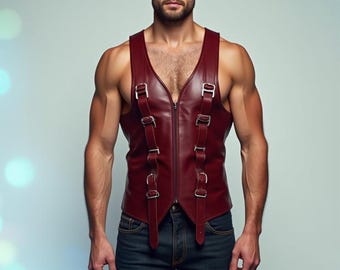 May include: A burgundy leather vest with a V-neck and a zipper closure. The vest features multiple straps with silver buckles. The model is wearing blue jeans. The vest is a stylish piece of apparel.