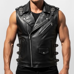 Men&#39;s Leather Vest | Cowhide Leather Biker Vest for Men | Sleeveless Motorcycle Riding Vest | Gift For Him