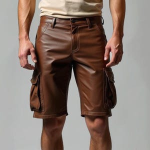 Men’s Brown Leather Cargo Shorts | Genuine Cow Leather | Handmade Vintage Biker & Street wear Style | Gift for Him