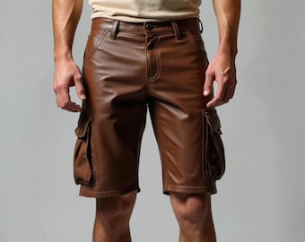 Pantaloncini cargo in pelle marrone da uomo / Vera pelle di mucca / Stile vintage da motociclista e street wear fatto a mano / Regalo per lui