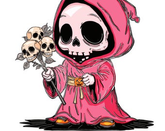 May include: A cartoon illustration of a figure in a pink hooded robe holding a bouquet of skulls. The figure has a skull-like face with large black eyes and a small mouth. A gold belt with a pumpkin buckle is around the waist.