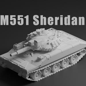 May include: A light gray scale model of an M551 Sheridan tank featuring a central turret, a long main gun barrel, and detailed tracks. The text M551 Sheridan is displayed in large, bold, light gray letters above the tank model on a dark background.